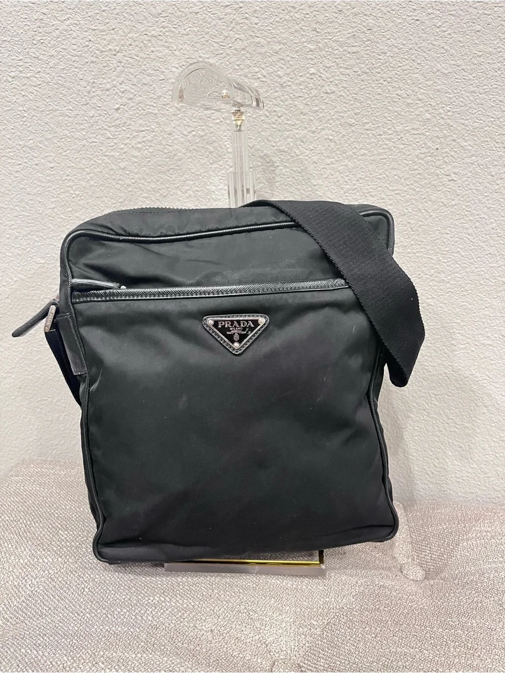 PRADA TESSUTO NYLON AND SAFFIANO LEATHER MESSENGER BAG.